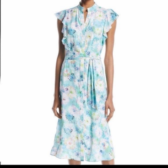 Catherine Malandrino Floral Midi Dress Large Ruffle Belted Pastel Blue Green - Picture 2 of 16